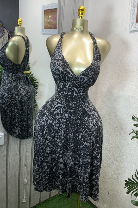 Chic Black & Grey Abstract Print Halter Neck Dress