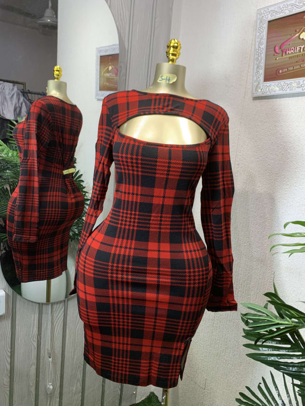 Red Plaid Cutout Bodycon Mini Dress Long Sleeve