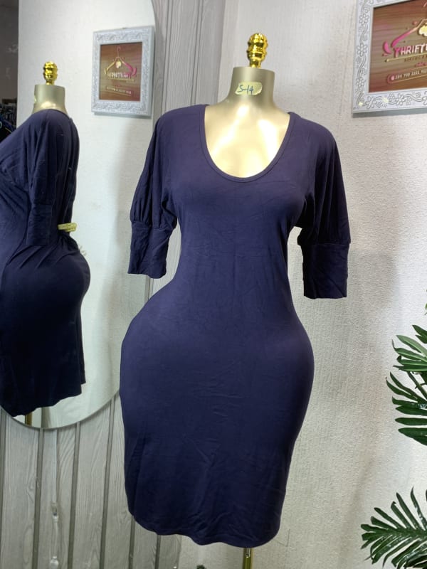 Navy Scoop Neck Bodycon Mini Dress with Puff Sleeves