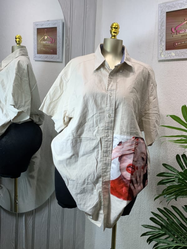 Women's Oversized Beige Button-Down Graphic Shirt