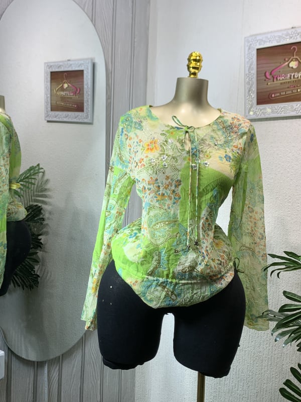 Lime Green Floral Paisley Sheer Blouse - Women's Top