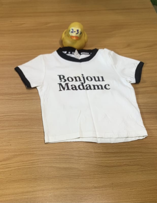 Kids White 'Bonjour Madamc' T-Shirt - Black Trim Tee