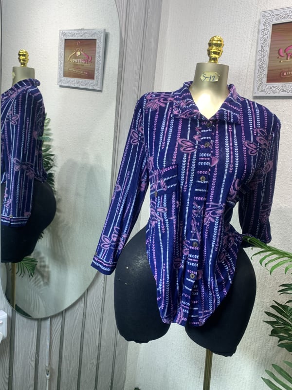 Stylish Blue & Purple Patterned Long Sleeve Blouse
