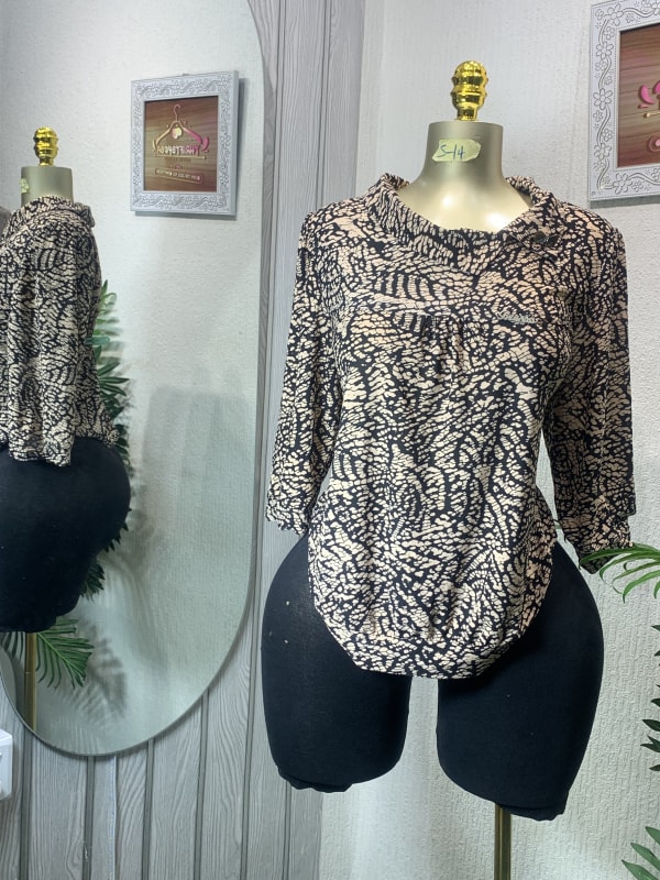 Women's Abstract Print Mock Neck Blouse - Black & Beige