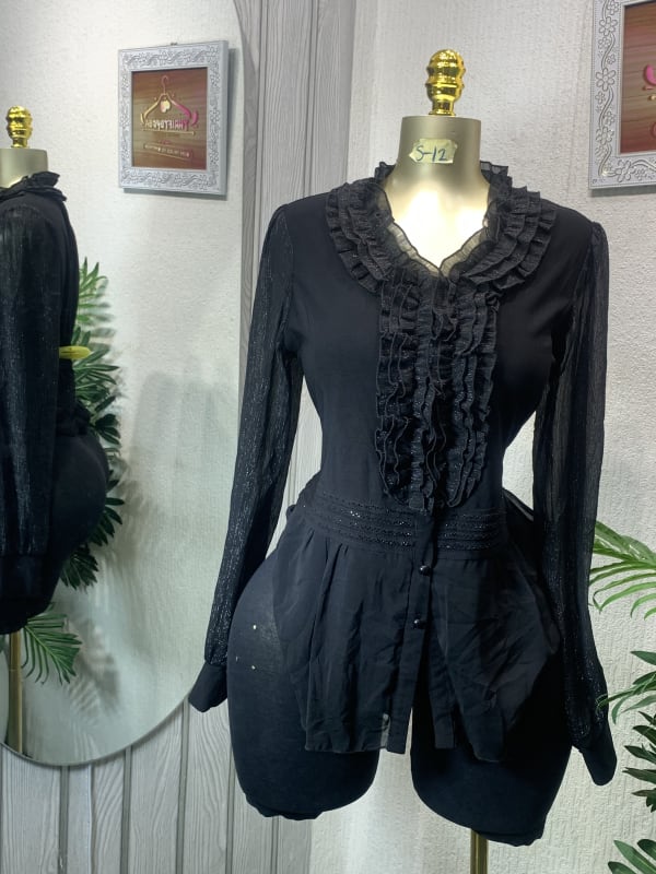 Black Ruffle Sheer Sleeve Peplum Blouse