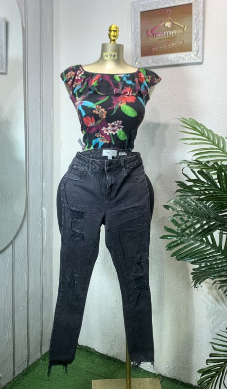 Floral Ruffle Off-Shoulder Crop Top & Distressed Black Jeans