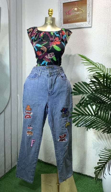 Floral Ruffle Top & Patchwork High-Waist Jeans Set