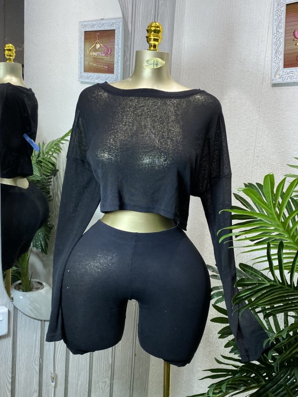 Black Sheer Knit Crop Top & Biker Shorts 2-Piece Set