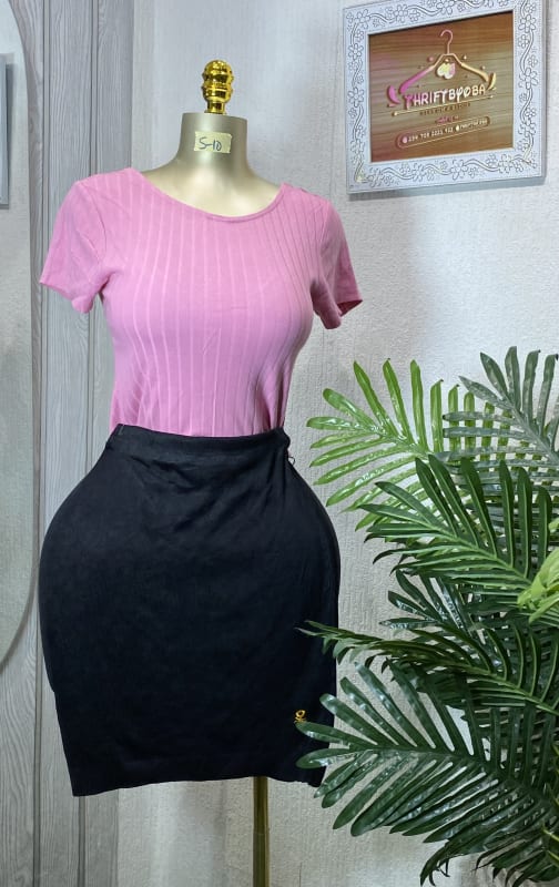 Chic Pink Ribbed Knit Top & Black Wrap Skirt Set