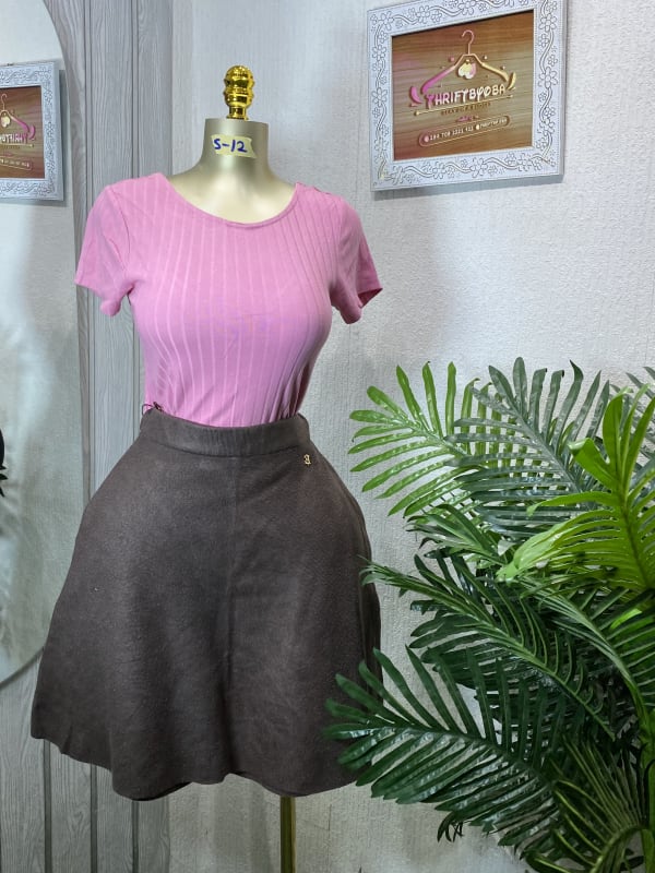 Women's Pink Ribbed T-Shirt & Brown A-Line Skirt Set
