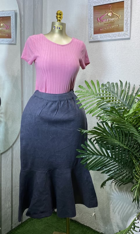 Pink Ribbed Tee & Navy Ruffle Hem Midi Skirt Set