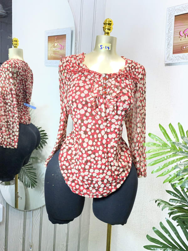 Chiffon Polka Dot Ruffled Long Sleeve Top