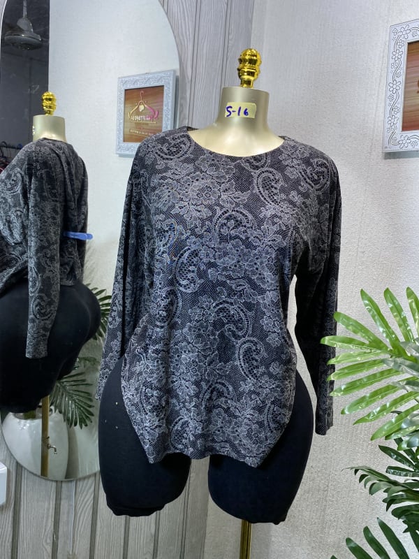 Women's Grey Paisley Lace Print Long Sleeve Top