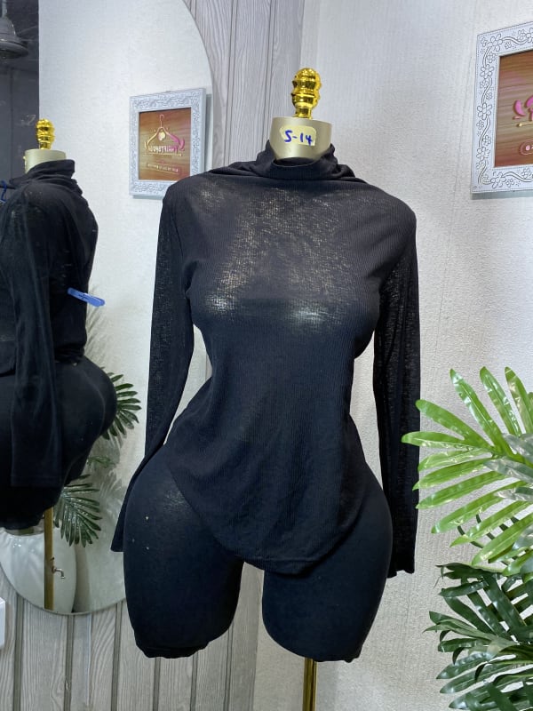 Sheer Ribbed Turtleneck Long Sleeve Top - Black