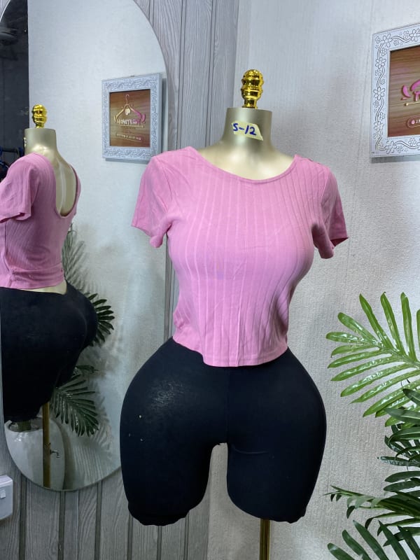 Women's Pink Ribbed Short Sleeve Crop Top