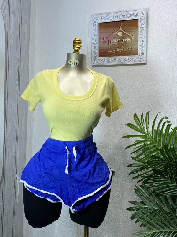 Women's Yellow Ribbed Tee & Blue Athletic Shorts