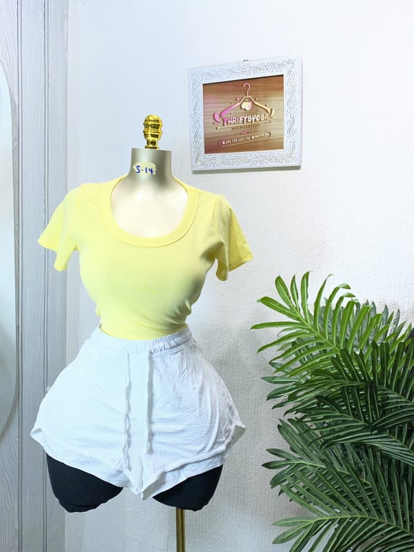 Yellow Ribbed Tee & White Drawstring Shorts Set