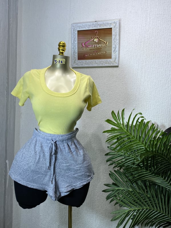Women's Yellow Ribbed Tee & Grey Drawstring Knit Shorts Set