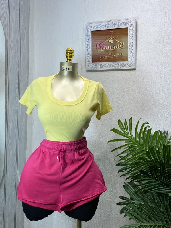 Ribbed Scoop Neck Top & Hot Pink Athletic Shorts Set