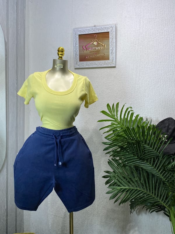 Yellow Ribbed Top & Navy Comfort Drawstring Shorts