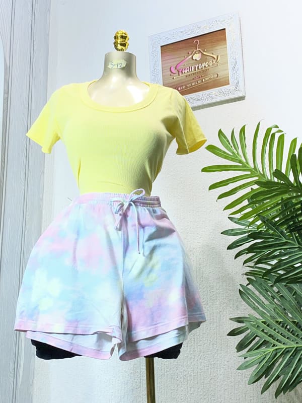 Yellow Ribbed Top & Pastel Tie-Dye Shorts Set