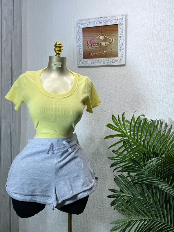 Women's Yellow Ribbed Top & Grey Jersey Shorts Set