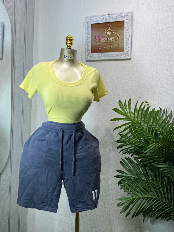 Yellow Ribbed Scoop Neck Tee & Comfy Blue Drawstring Shorts