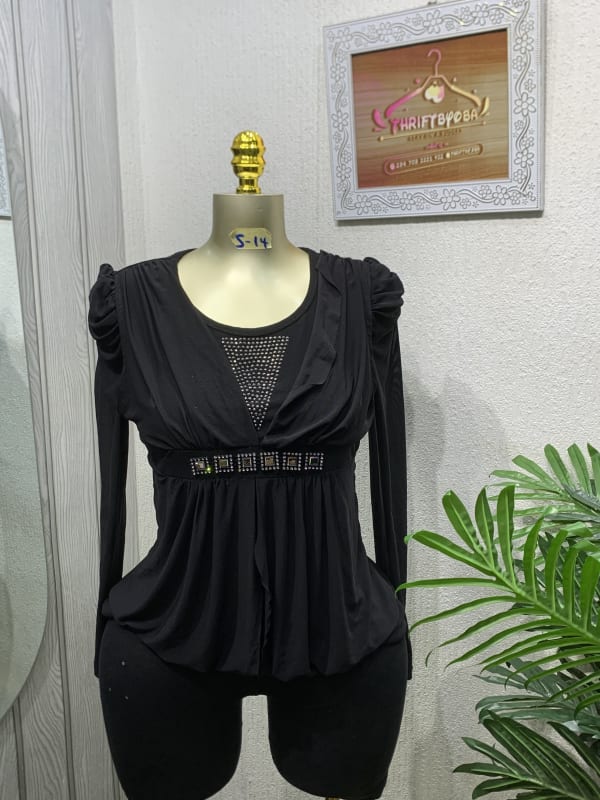Elegant Black Rhinestone Ruched Long Sleeve Top