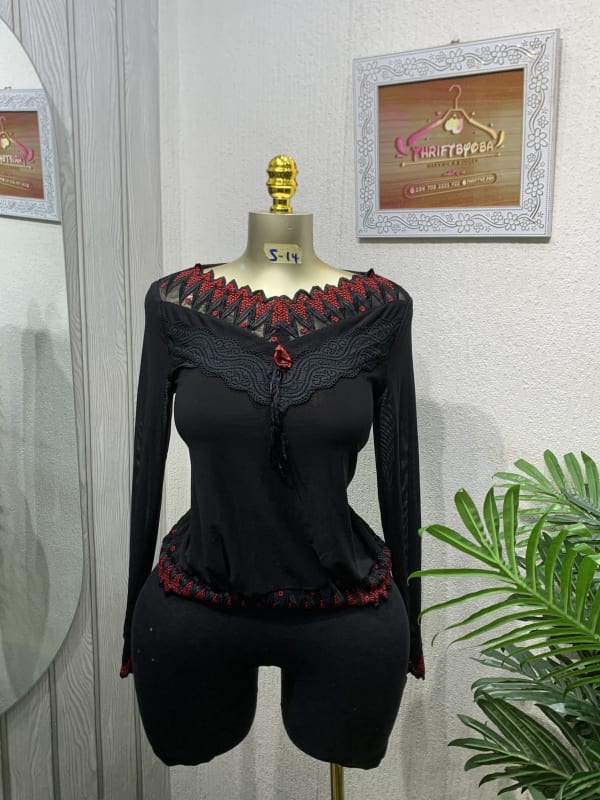Elegant Black Red Trim Lace Long Sleeve Top & Bottoms