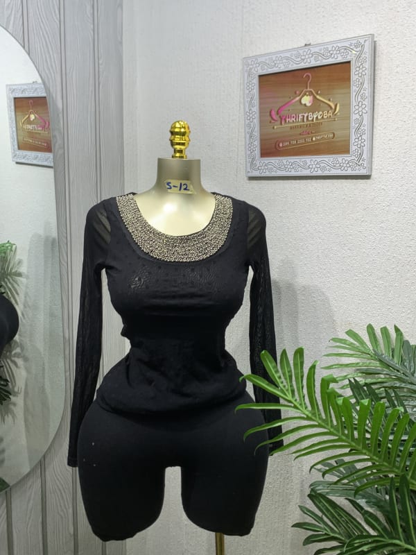 Black Embellished Neckline Long Sleeve Top