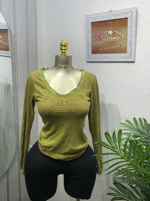 Women's Olive Green Lace Trim Long Sleeve Top