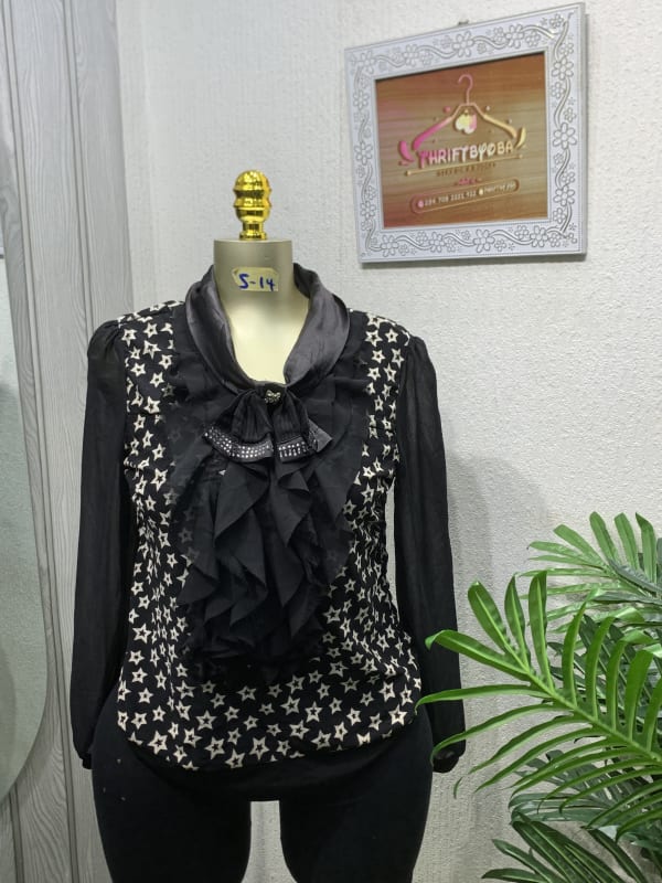 Women's Black Star Print Ruffle Tie-Neck Blouse