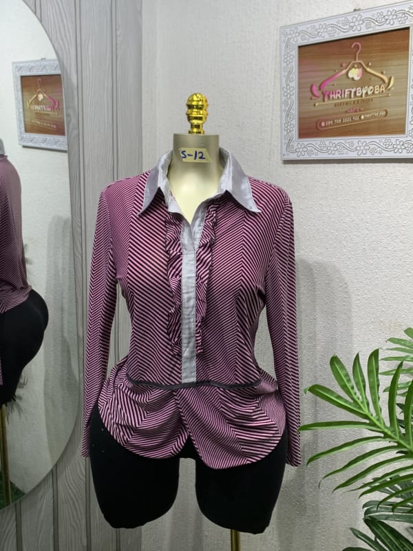 Elegant Pink Striped Ruffle Blouse with Peplum Hem