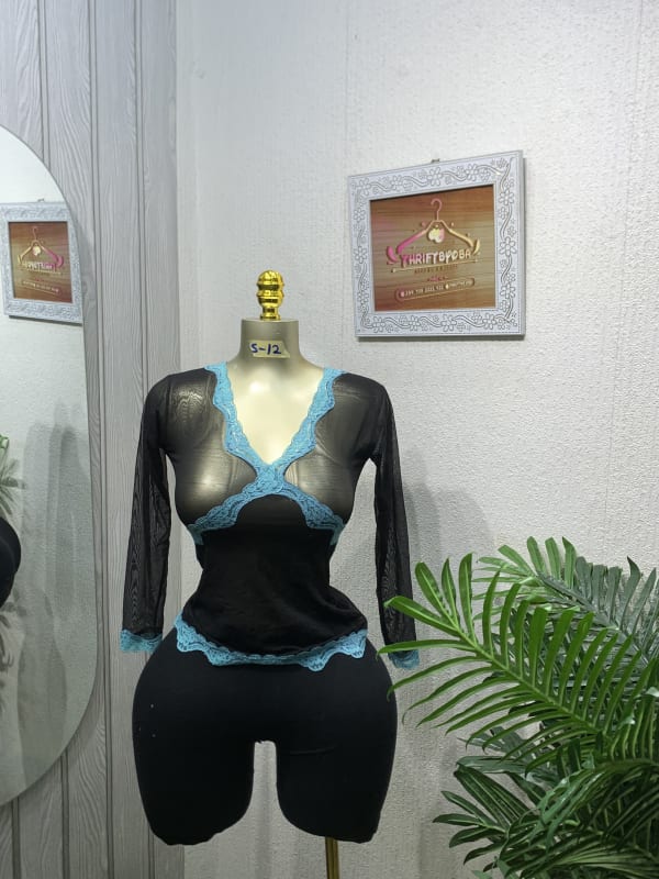 Elegant Black Sheer Mesh Top with Blue Lace Trim