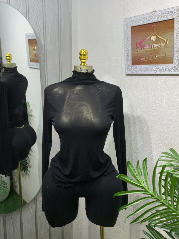 Chic Black Long Sleeve High Neck Top & Shorts Set