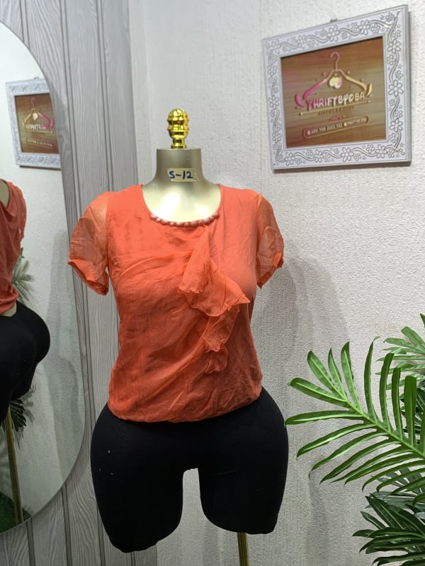 Coral Sheer Ruffle Blouse with Beaded Neckline