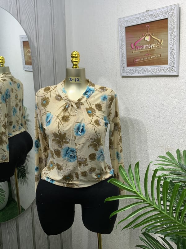 Elegant Floral Tie-Neck Long Sleeve Blouse