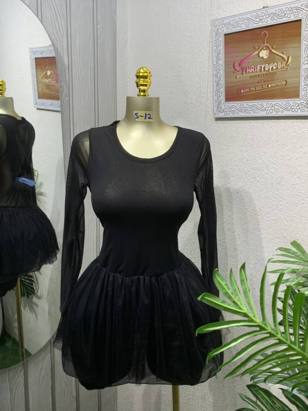 Black Sheer Sleeve Tulle Mini Dress | Bubble Hem Party