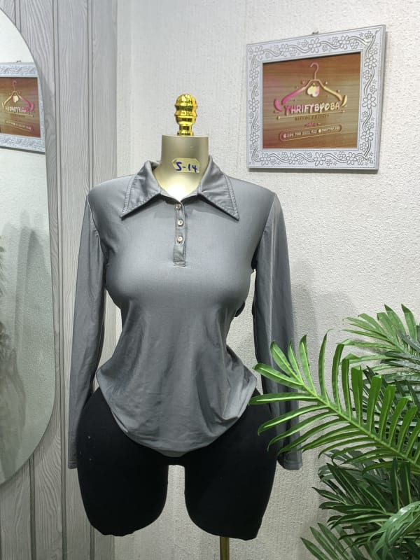 Women's Grey Long Sleeve Button-Up Polo Shirt