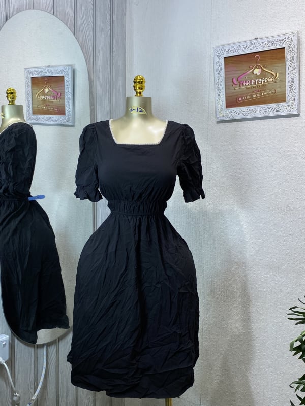 Black Square Neck Puff Sleeve Shirred Mini Dress