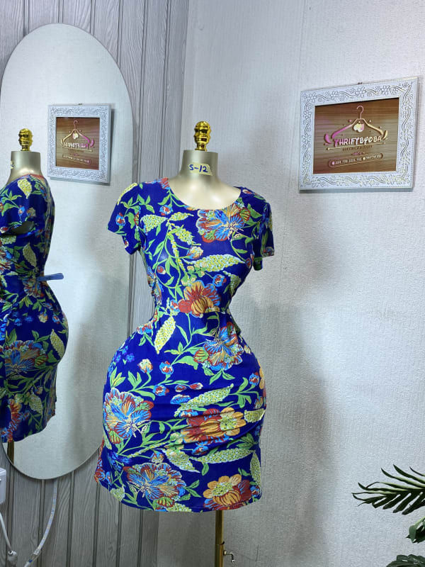 Blue Floral Ruched Bodycon Mini Dress