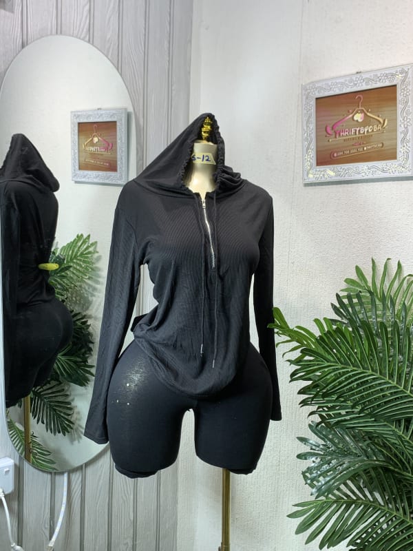 Women's Black Ribbed Half-Zip Hooded Long Sleeve Top