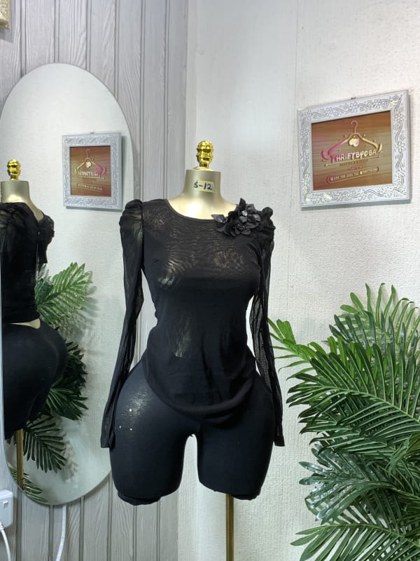 Black Sheer Long Sleeve Top with Floral Appliqué