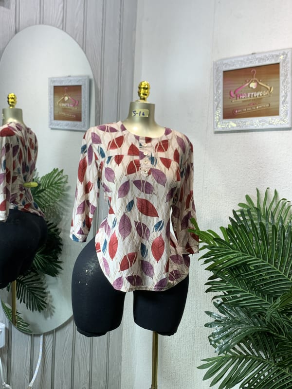 Leaf Print 3/4 Sleeve Henley Blouse