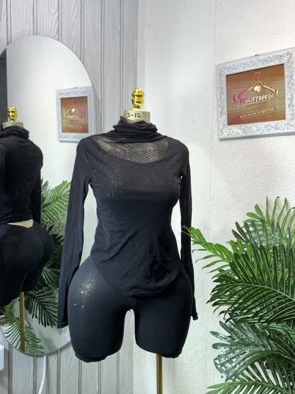 Black Sparkle Mesh Turtleneck Long Sleeve Top