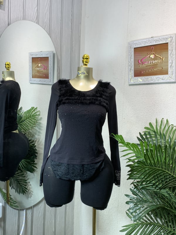 Elegant Black Faux Fur Trim Embellished Long Sleeve Top