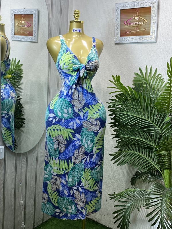 Women's Leaf Print V-Neck Tie Front Midi Dress