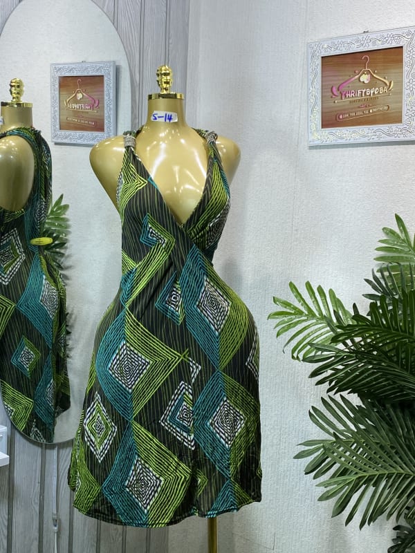 Geometric Print Halter Neck Mini Dress - Green & Teal