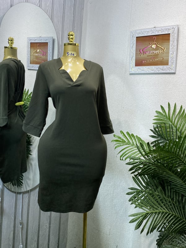 Olive Green V-Neck Midi Dress with 3/4 Sleeves
