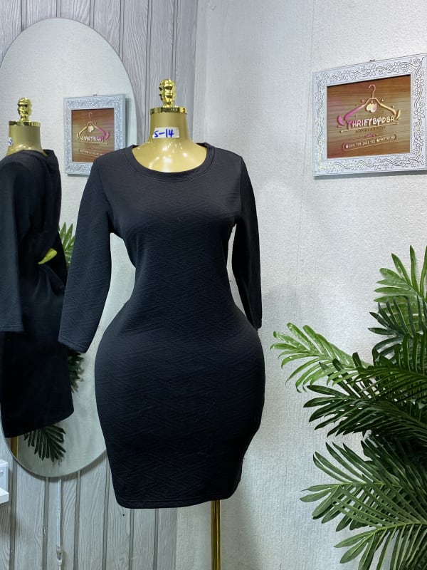 Womens Textured Black Mini Dress Long Sleeve